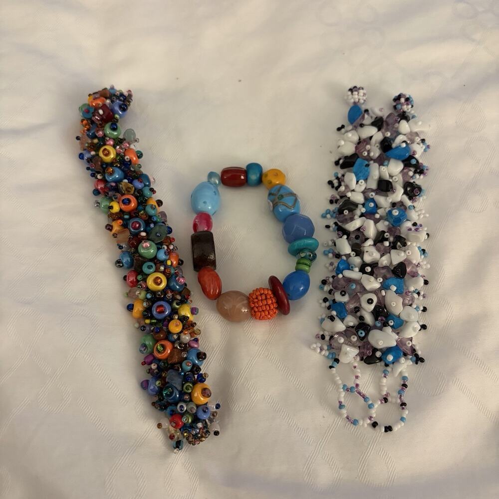 Boho Beaded Bracelet Set: Multi-Color Cluster & Evil Eye Stack